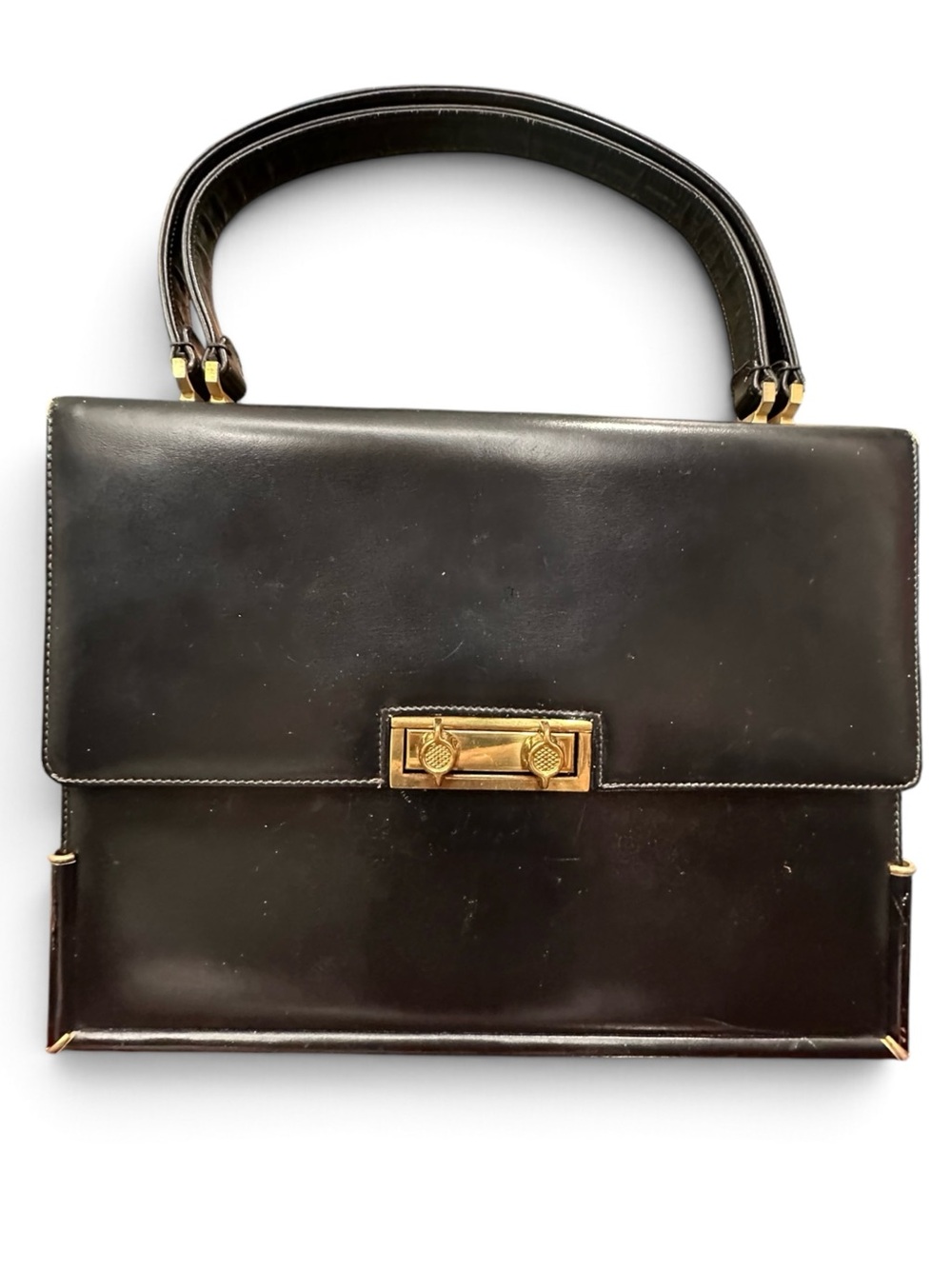 Vintage 1960s Black Structured Top Handle Bag with Red Interior